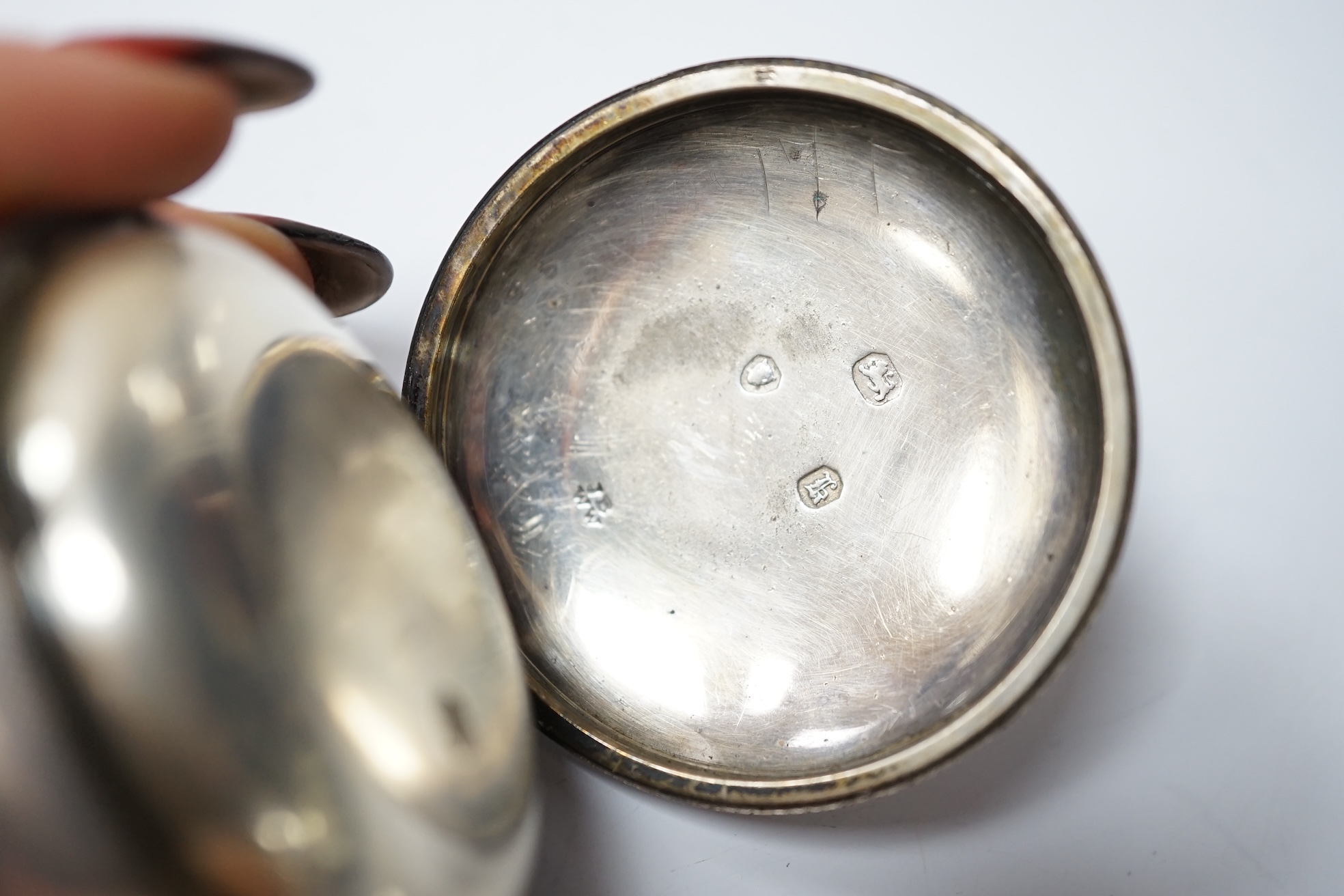 A Georgian silver open face key wind pocket watch, by Jno. Ellicott of London, lacking glass, case diameter 48mm. Condition - poor